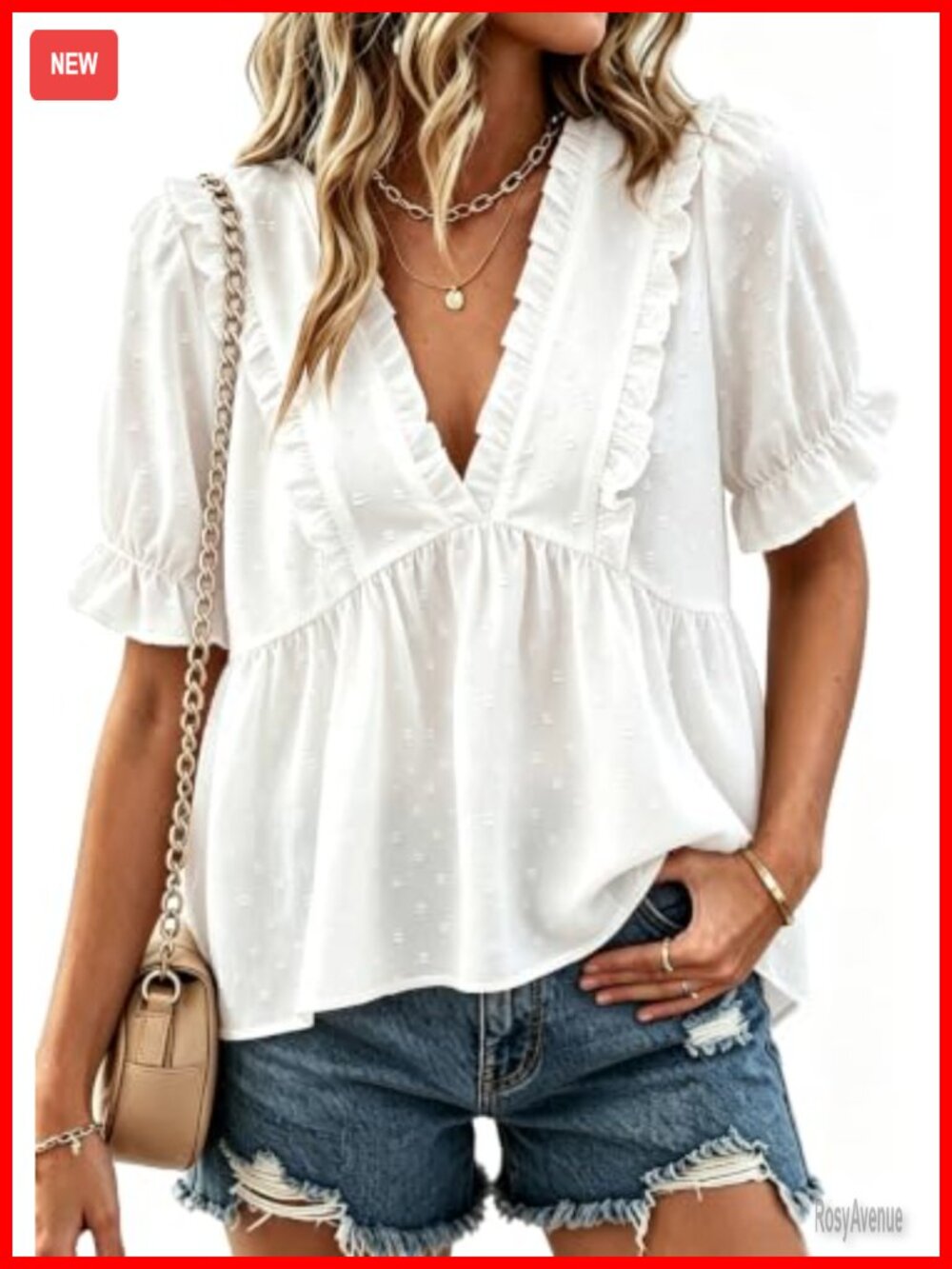 Women's Boho V Neck Puff Sleeve Swiss Dot Ruffle Blouse